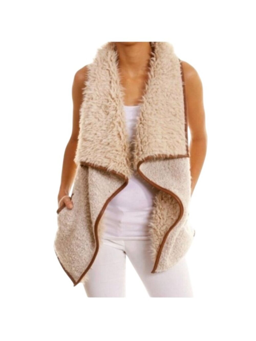 Love Tree Womens S Open Front Cozy Vest Beige Faux Sherpa Suede Layering Preppy